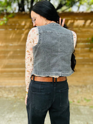 Bev Black Denim Boot Stitch Vest-Vests-Turquoise Haven-Motis & Co Boutique, Women's Fashion Boutique in Carthage, Missouri