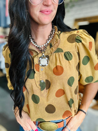 Mandy Mocha Polka Dot Half Sleeve Blouse-Short Sleeves-EASEL-Motis & Co Boutique, Women's Fashion Boutique in Carthage, Missouri