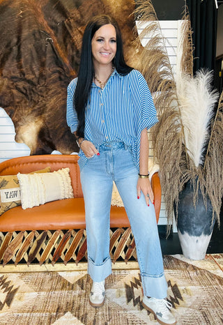 Tess Striped Oversized Blouse - Blue-Short Sleeves-Zenana-Motis & Co Boutique, Women's Fashion Boutique in Carthage, Missouri