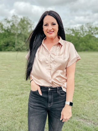 Never Have I Ever Button Down Blouse in Champagne-Short Sleeves-Ave-Motis & Co Boutique, Women's Fashion Boutique in Carthage, Missouri