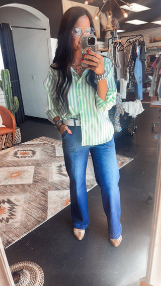 Mila Log Sleeve Green Striped Blouse