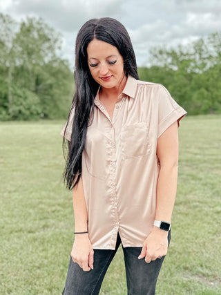 Never Have I Ever Button Down Blouse in Champagne-Short Sleeves-Ave-Motis & Co Boutique, Women's Fashion Boutique in Carthage, Missouri