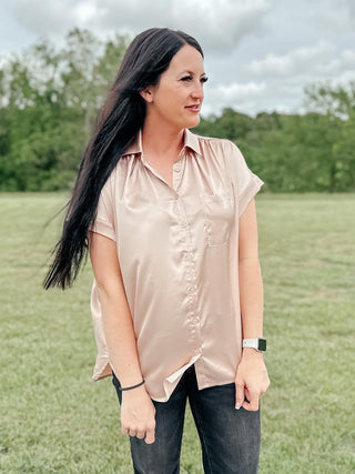 Never Have I Ever Button Down Blouse in Champagne-Short Sleeves-Ave-Motis & Co Boutique, Women's Fashion Boutique in Carthage, Missouri