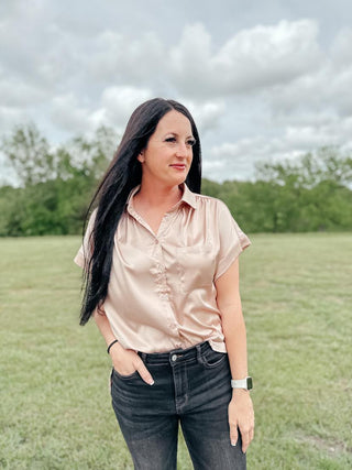 Never Have I Ever Button Down Blouse in Champagne-Short Sleeves-Ave-Motis & Co Boutique, Women's Fashion Boutique in Carthage, Missouri