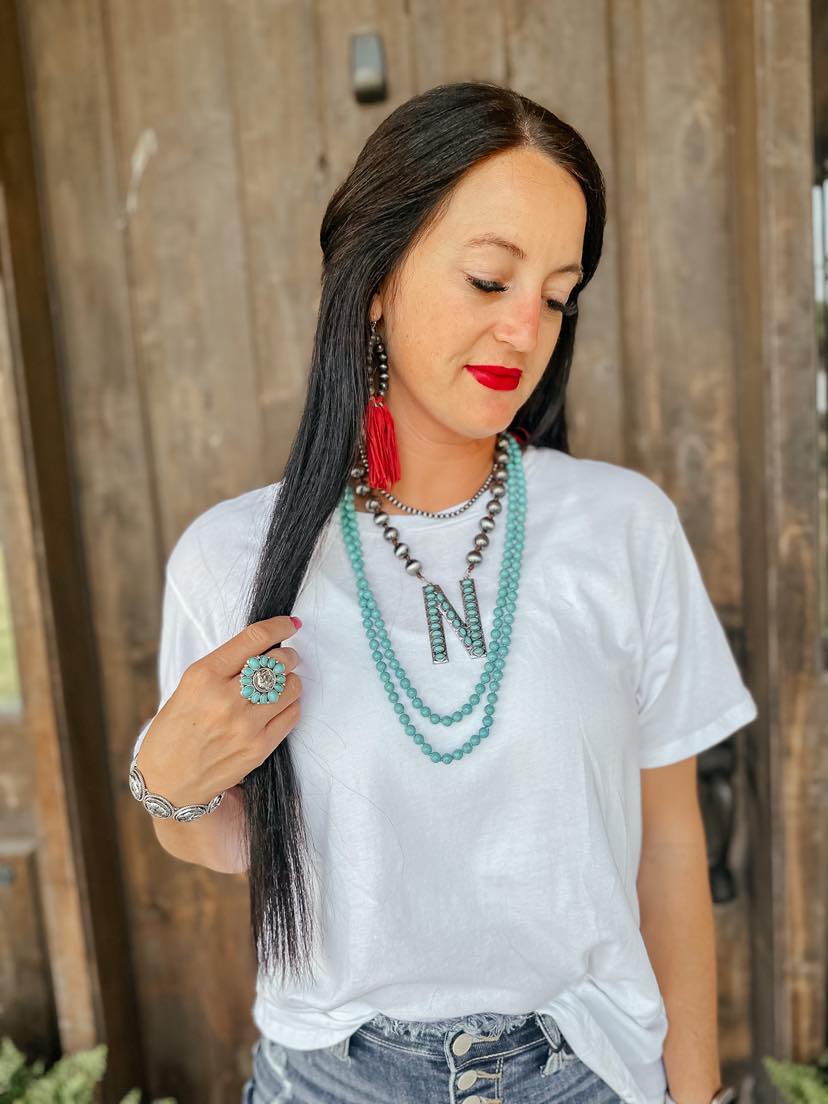 Turquoise Cowboy Pearl Initial Necklace-ACCESSORIES-The Rustic Cactus-Motis & Co Boutique, Women's Fashion Boutique in Carthage, Missouri