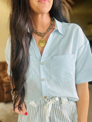 Tay Short Sleeve Blue Button Up Top-Short Sleeves-HYFVE-Motis & Co Boutique, Women's Fashion Boutique in Carthage, Missouri