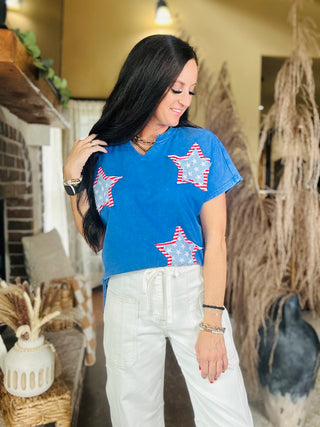 Pam Patriotic Patchwork Star Top-Short Sleeves-Pretty Bash-Motis & Co Boutique, Women's Fashion Boutique in Carthage, Missouri