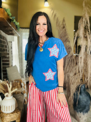 Pam Patriotic Patchwork Star Top-Short Sleeves-Pretty Bash-Motis & Co Boutique, Women's Fashion Boutique in Carthage, Missouri