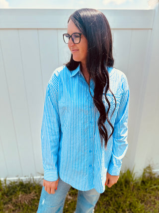 Whitney Blue Pin Striped Blouse-Long Sleeves-HYFVE-Motis & Co Boutique, Women's Fashion Boutique in Carthage, Missouri