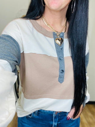 Patchwork Waffle Henley Long Sleeve Top - Parker-Long Sleeves-Dear Lover-Motis & Co Boutique, Women's Fashion Boutique in Carthage, Missouri