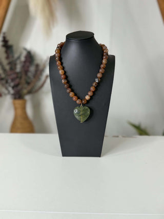 Aspen Brown Beaded Green Stone Heart Necklace-Necklace-What's Hot-Motis & Co Boutique, Women's Fashion Boutique in Carthage, Missouri