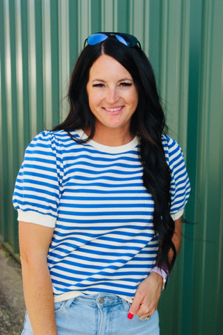 Shelby Blue Striped Short Puffed Sleeve Top-Short Sleeves-Jodifl-Motis & Co Boutique, Women's Fashion Boutique in Carthage, Missouri