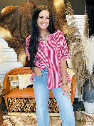 Tess Striped Oversized Blouse - Red-Short Sleeves-Zenana-Motis & Co Boutique, Women's Fashion Boutique in Carthage, Missouri