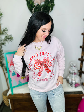 Pink Candy Cane Bow Christmas Sweatshirt-Pullovers-Motis & CO-Motis & Co Boutique, Women's Fashion Boutique in Carthage, Missouri