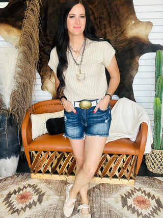 Emilia Striped Collared Cuff Sleeve Top-Short Sleeves-blu pepper-Motis & Co Boutique, Women's Fashion Boutique in Carthage, Missouri