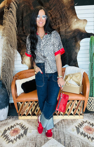 Reba Red Trim Leopard Top-Short Sleeves-Jodifl-Motis & Co Boutique, Women's Fashion Boutique in Carthage, Missouri