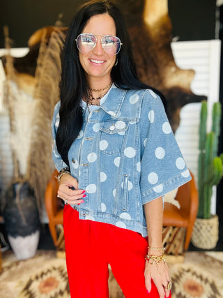 Delilah Denim Polka Dot Jacket-outerwear-24th-Motis & Co Boutique, Women's Fashion Boutique in Carthage, Missouri