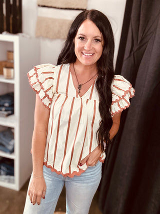 Sophie Taupe V-Neck Ruffle Sleeve Top-Short Sleeves-Entro-Motis & Co Boutique, Women's Fashion Boutique in Carthage, Missouri