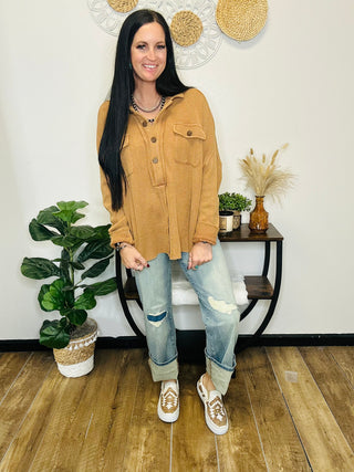 Cedar Oversize Waffle Henley-Long Sleeves-Blue Velvet-Motis & Co Boutique, Women's Fashion Boutique in Carthage, Missouri