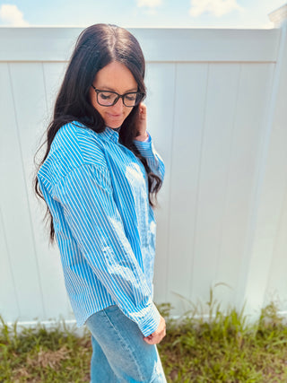 Whitney Blue Pin Striped Blouse-Long Sleeves-HYFVE-Motis & Co Boutique, Women's Fashion Boutique in Carthage, Missouri