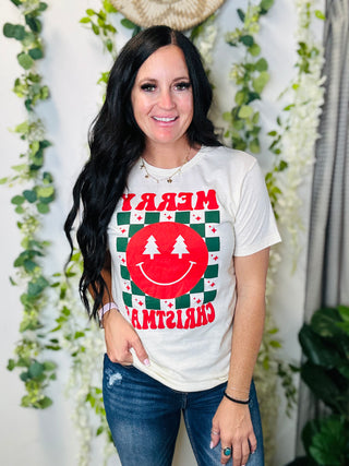 Smiley Checkered Christmas Graphic Tee-Graphic Tees-P&PD-Motis & Co Boutique, Women's Fashion Boutique in Carthage, Missouri