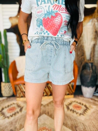 Cecil Pin Stripe Denim Drawstring Shorts