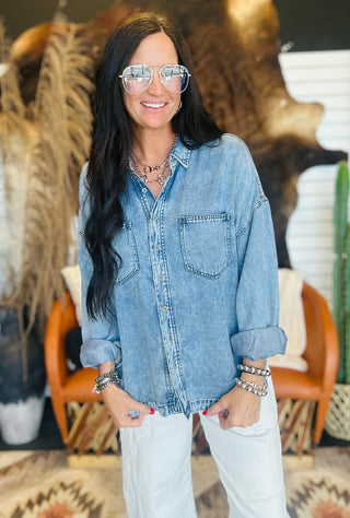 Remi Chambray Button Down Shirt-Long Sleeves-blu pepper-Motis & Co Boutique, Women's Fashion Boutique in Carthage, Missouri