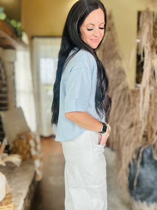Tay Short Sleeve Blue Button Up Top-Short Sleeves-HYFVE-Motis & Co Boutique, Women's Fashion Boutique in Carthage, Missouri