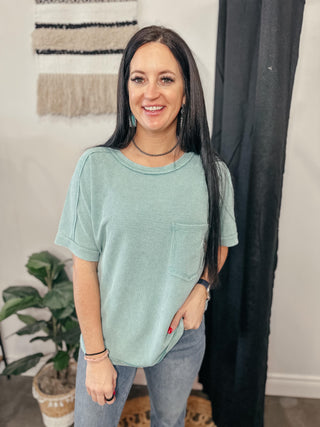 Vivian Vintage Washed Waffle Top Teal-Short Sleeves-Very J-Motis & Co Boutique, Women's Fashion Boutique in Carthage, Missouri