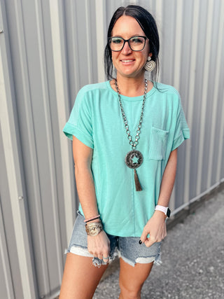 Tara Teal Short Sleeve Top-Short Sleeves-staccato-Motis & Co Boutique, Women's Fashion Boutique in Carthage, Missouri