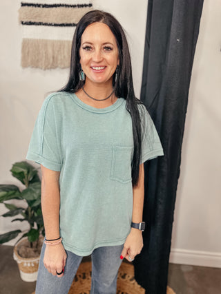 Vivian Vintage Washed Waffle Top Teal-Short Sleeves-Very J-Motis & Co Boutique, Women's Fashion Boutique in Carthage, Missouri