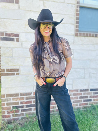 Ten Gallon Drip Sheer Western Blouse-Short Sleeves-2 Fly-Motis & Co Boutique, Women's Fashion Boutique in Carthage, Missouri