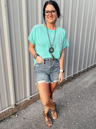 Tara Teal Short Sleeve Top-Short Sleeves-staccato-Motis & Co Boutique, Women's Fashion Boutique in Carthage, Missouri