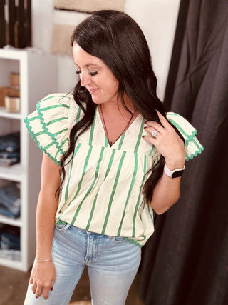 Sophie Green Stripe V-Neck Ruffle Sleeve Top-Short Sleeves-Entro-Motis & Co Boutique, Women's Fashion Boutique in Carthage, Missouri