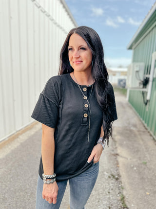 Haley Henley Short Sleeve Black Top-Short Sleeves-HEIMISH-Motis & Co Boutique, Women's Fashion Boutique in Carthage, Missouri