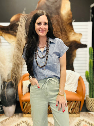 Sophia Navy Pin Stripe Linen Blouse-Short Sleeves-blu pepper-Motis & Co Boutique, Women's Fashion Boutique in Carthage, Missouri