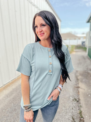 Haley Henley Short Sleeve Sage Top-Short Sleeves-HEIMISH-Motis & Co Boutique, Women's Fashion Boutique in Carthage, Missouri