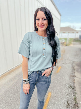 Haley Henley Short Sleeve Sage Top-Short Sleeves-HEIMISH-Motis & Co Boutique, Women's Fashion Boutique in Carthage, Missouri