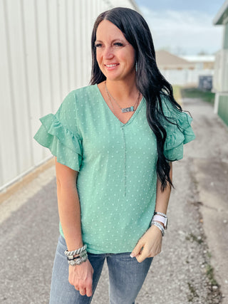 Sallie Mint Dot Ruffle Sleeve Top-Short Sleeves-HEIMISH-Motis & Co Boutique, Women's Fashion Boutique in Carthage, Missouri