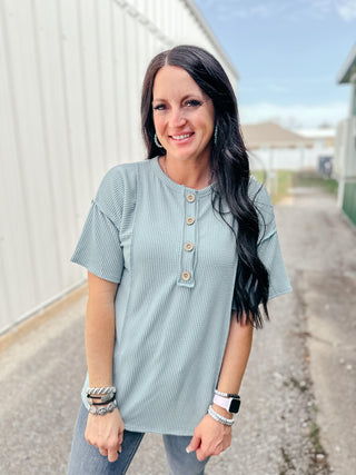 Haley Henley Short Sleeve Sage Top-Short Sleeves-HEIMISH-Motis & Co Boutique, Women's Fashion Boutique in Carthage, Missouri