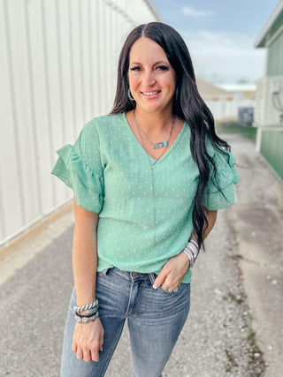 Sallie Mint Dot Ruffle Sleeve Top-Short Sleeves-HEIMISH-Motis & Co Boutique, Women's Fashion Boutique in Carthage, Missouri