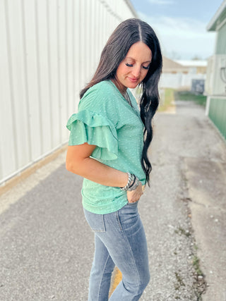 Sallie Mint Dot Ruffle Sleeve Top-Short Sleeves-HEIMISH-Motis & Co Boutique, Women's Fashion Boutique in Carthage, Missouri