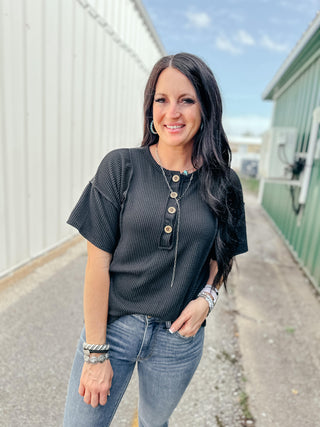 Haley Henley Short Sleeve Black Top-Short Sleeves-HEIMISH-Motis & Co Boutique, Women's Fashion Boutique in Carthage, Missouri