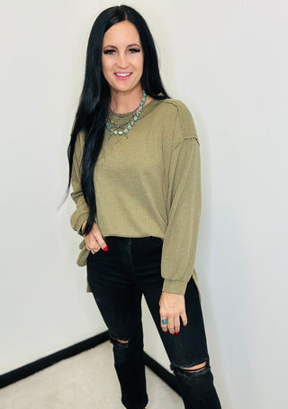 Oversized Long Sleeve Waffle Knit Top in Olive - Noel-Long Sleeves-Andree by Unit-Motis & Co Boutique, Women's Fashion Boutique in Carthage, Missouri