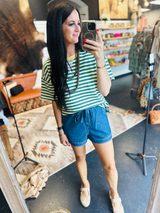 Edie Green Striped Casual Short Sleeve Tee-Short Sleeves-blu pepper-Motis & Co Boutique, Women's Fashion Boutique in Carthage, Missouri