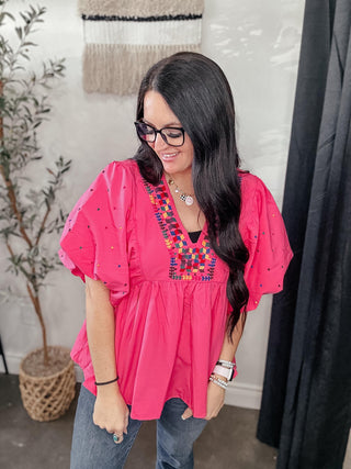 Baby Doll Puff Sleeve Blouse Pink-Short Sleeves-Entro-Motis & Co Boutique, Women's Fashion Boutique in Carthage, Missouri