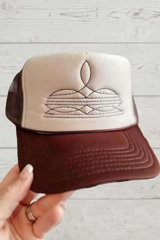 Tan and Brown Boot Stitch Trucker Hat