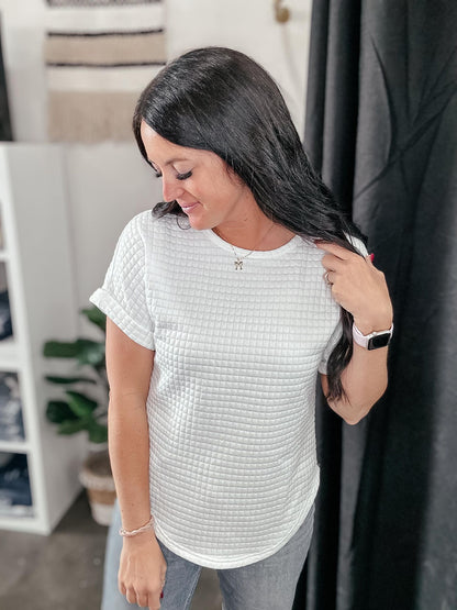 Whitney White Checkered Textured Top-Short Sleeves-Motis & CO-Motis & Co Boutique, Women's Fashion Boutique in Carthage, Missouri