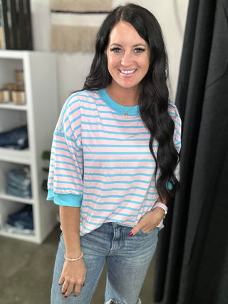 Kandy Pink Stripe Oversized High Low Top-Short Sleeves-Motis & CO-Motis & Co Boutique, Women's Fashion Boutique in Carthage, Missouri