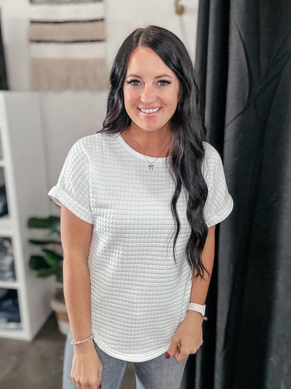 Whitney White Checkered Textured Top-Short Sleeves-Motis & CO-Motis & Co Boutique, Women's Fashion Boutique in Carthage, Missouri